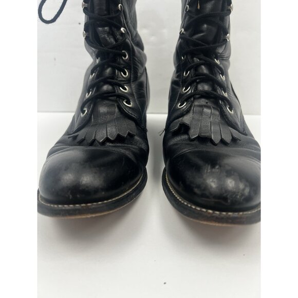 Vintage Justin Black Lace-Up Boots Genuine Leather Kiltie Western Peasant 8.5 B - Picture 8 of 14